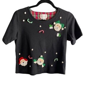 Just B The Cutest little ugly XMAS shirt. Happy Santa’s & faux pearl snowflakes